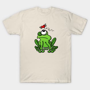 Mischievous green frog chasing the mosquito of love T-Shirt